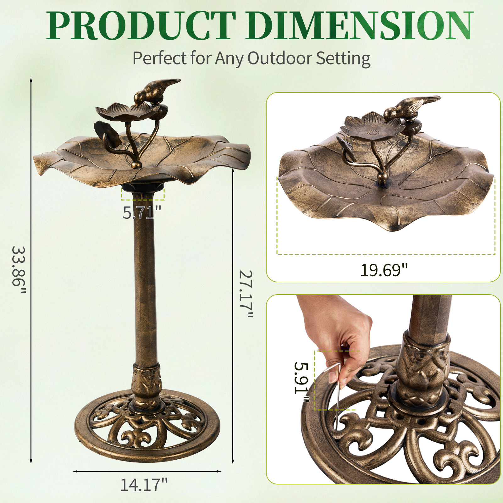 Bird Bath 33″ Height Pedestal Birdbath for Outdoor Garden Decor w/ Ground Stakes