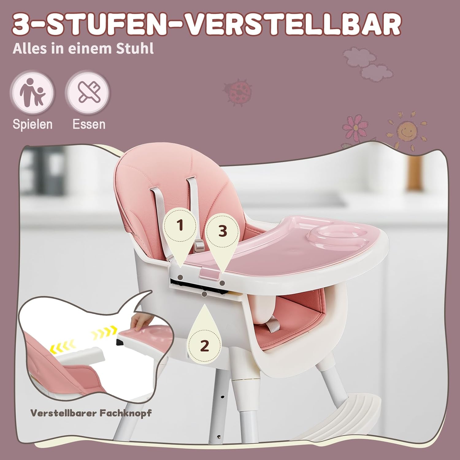 Baby Hochstuhl mit Polster, Höhenverstellbarer Hochstuhl für Babys ab 6 Monaten - Produktbild 3