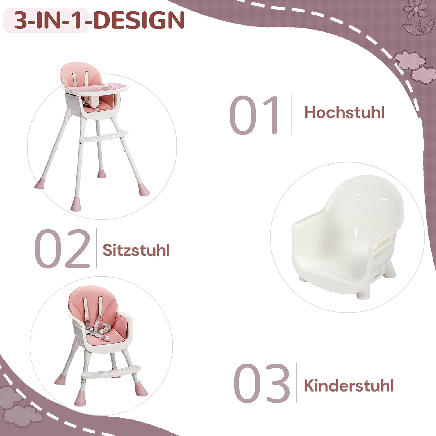 Baby Hochstuhl mit Polster, Höhenverstellbarer Hochstuhl für Babys ab 6 Monaten - Produktbild 4