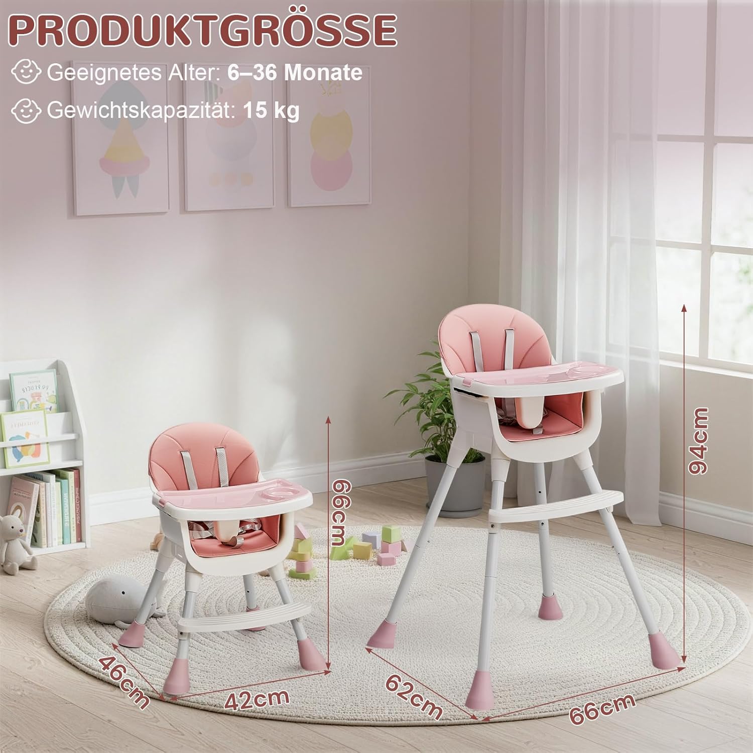 Baby Hochstuhl mit Polster, Höhenverstellbarer Hochstuhl für Babys ab 6 Monaten - Produktbild 6