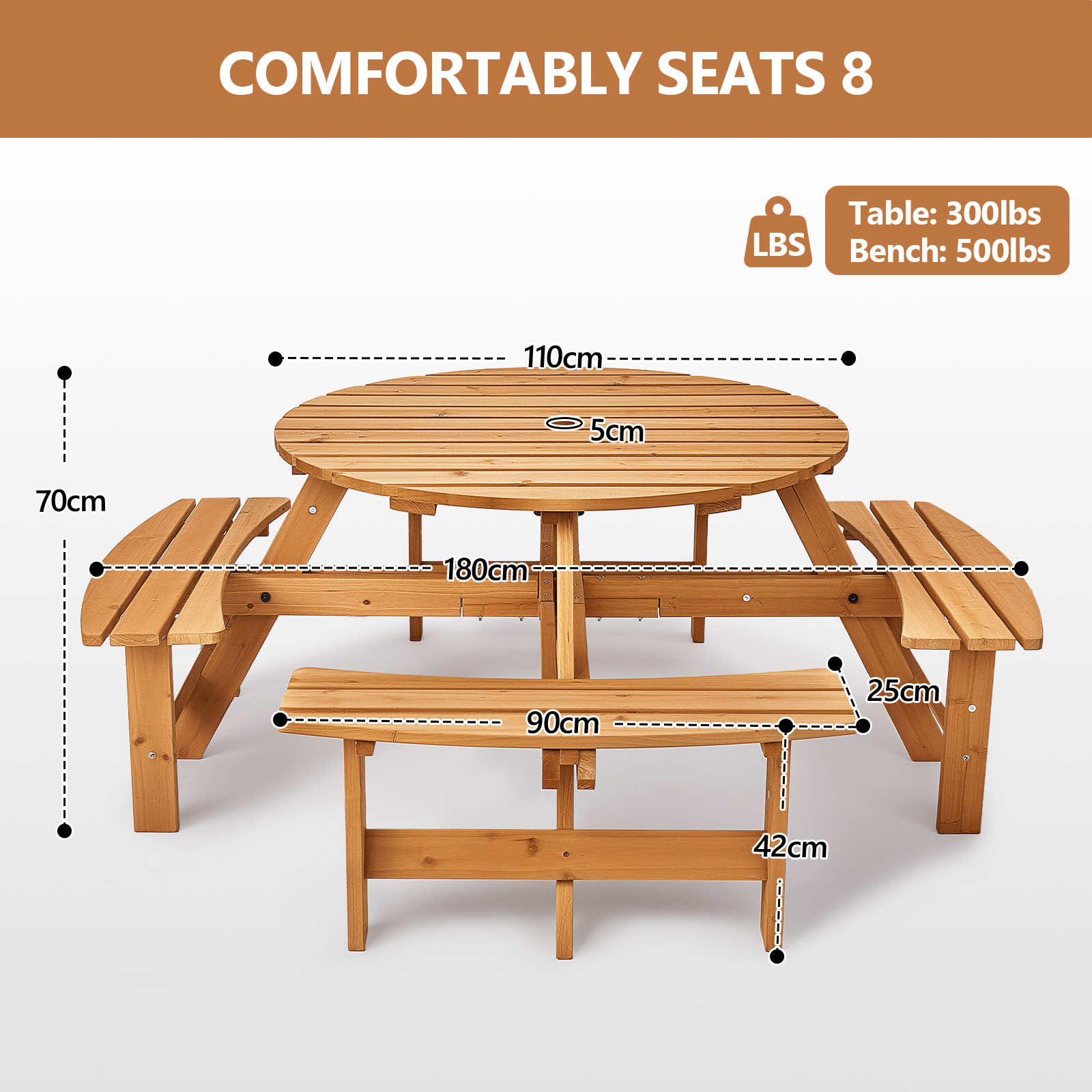 Wooden Picnic Table Set 8-Person w/ 4-Bench, Umbrella Hole for Indoor Outdoor