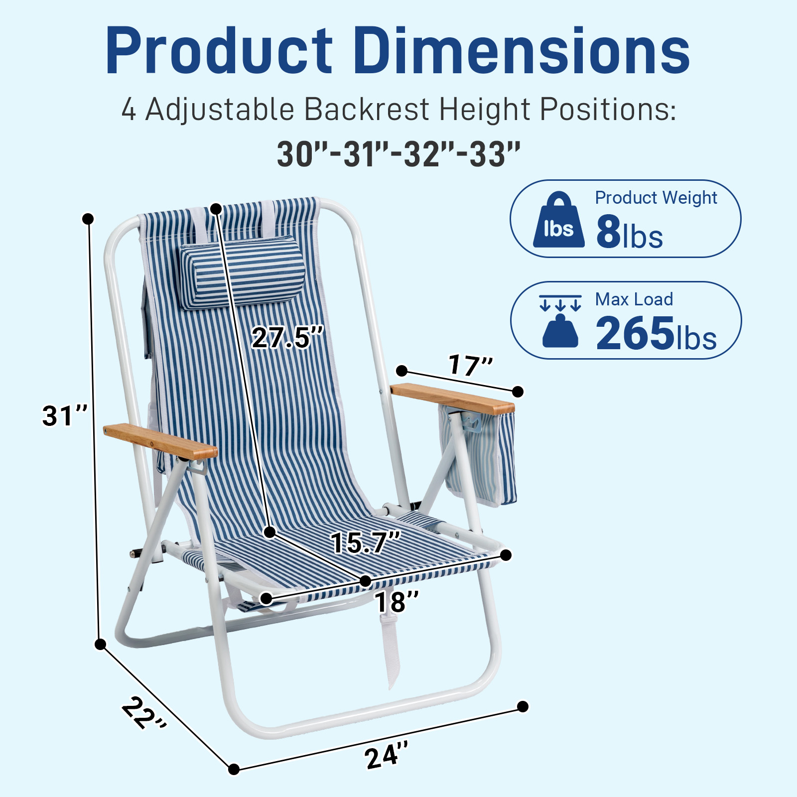 Folding Beach Chair, 4 Position Portable Backpack Camping Chair with Cup Holder