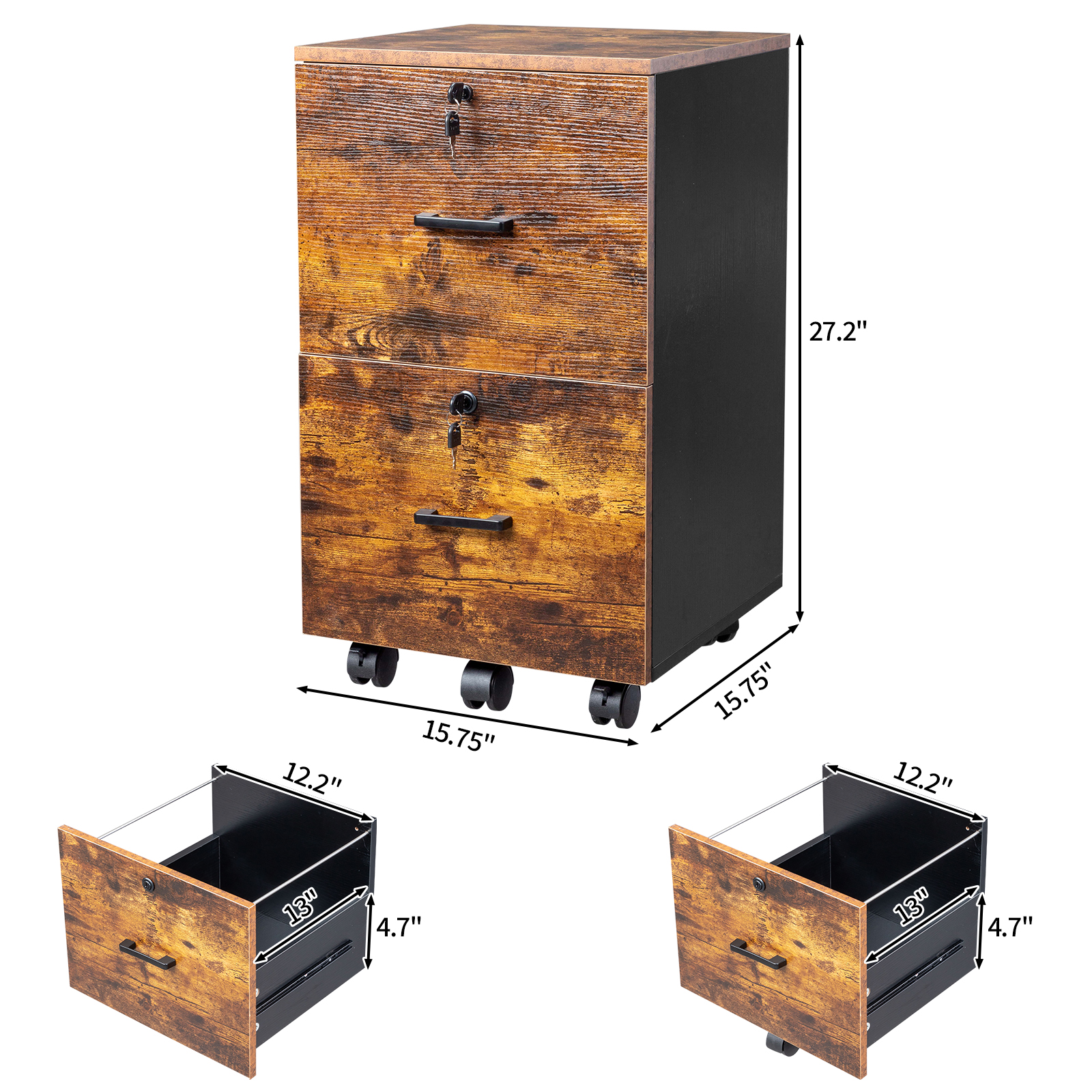 Locking 2-Drawer File Cabinet on Wheels Extension Drawer Slides Printer Stand