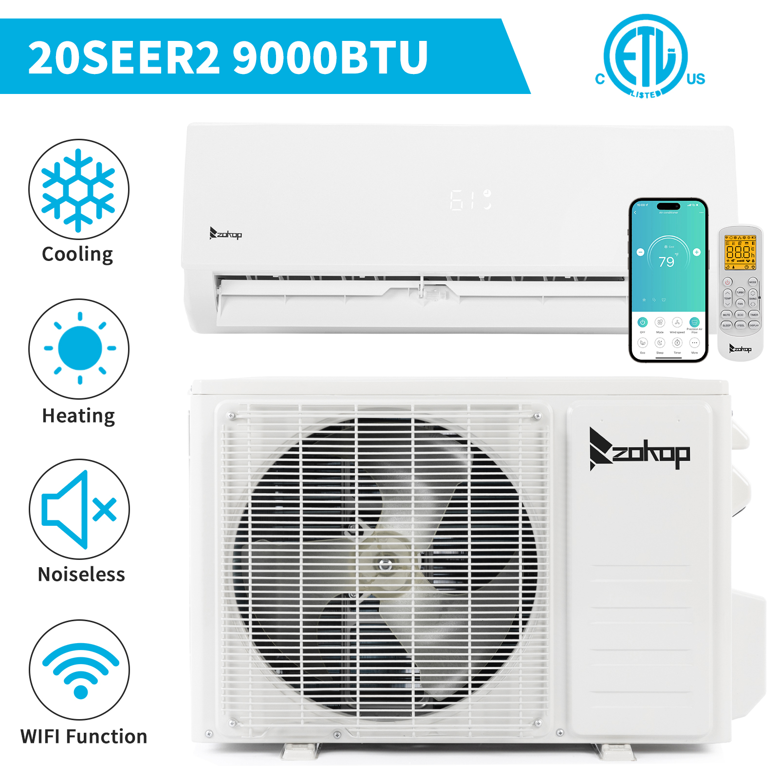 Zokop 9000-24000 BTU WIFI Mini Split Heating 20-21SEER2 Air Conditioner Inverter