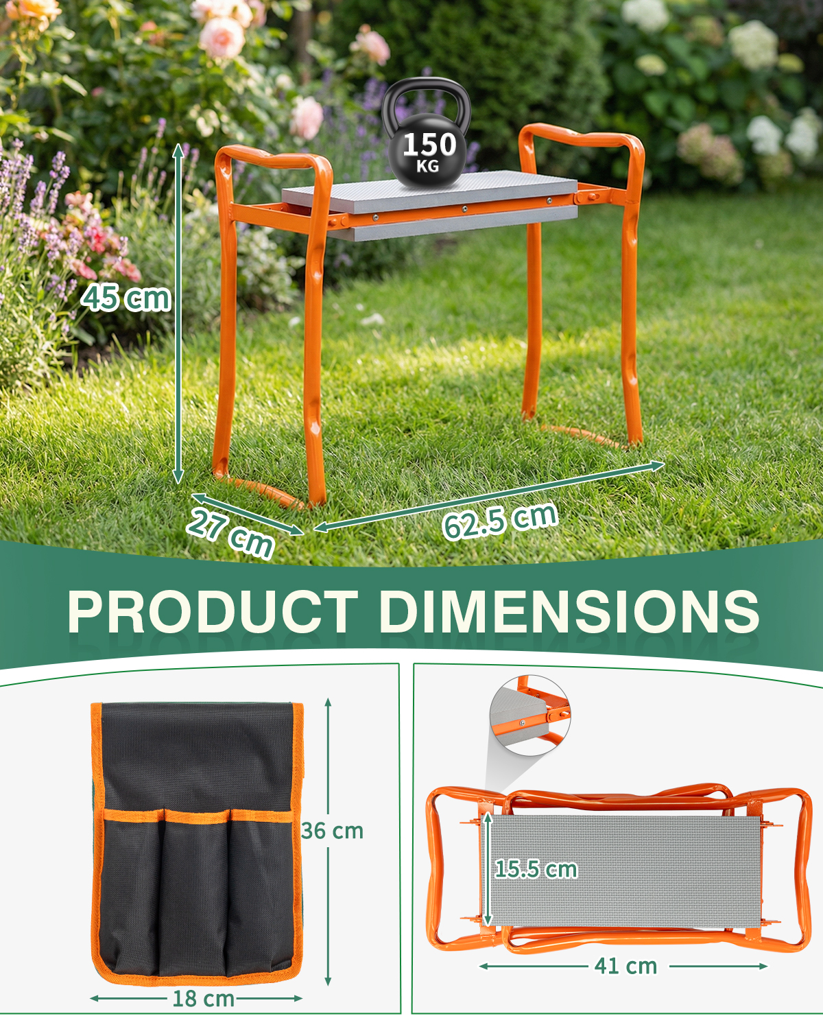 Garden Kneeler 3-in-1 Folding Kneeling Stool With Handles Tool Bag & Claw Gloves - Produktbild 2