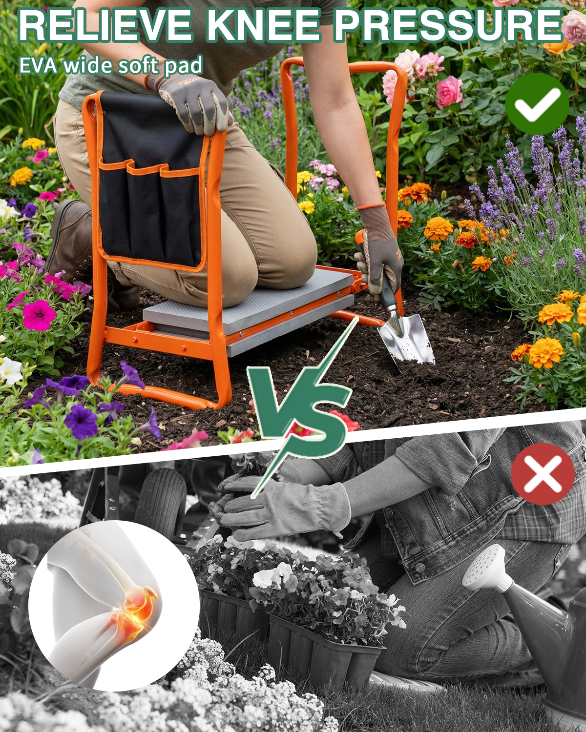 Garden Kneeler 3-in-1 Folding Kneeling Stool With Handles Tool Bag &amp; Claw Gloves