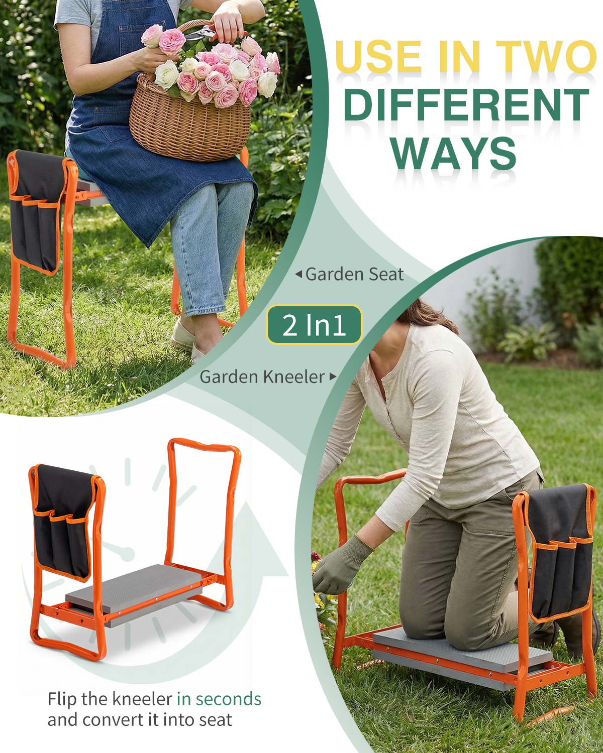Garden Kneeler 3-in-1 Folding Kneeling Stool With Handles Tool Bag & Claw Gloves - Produktbild 4