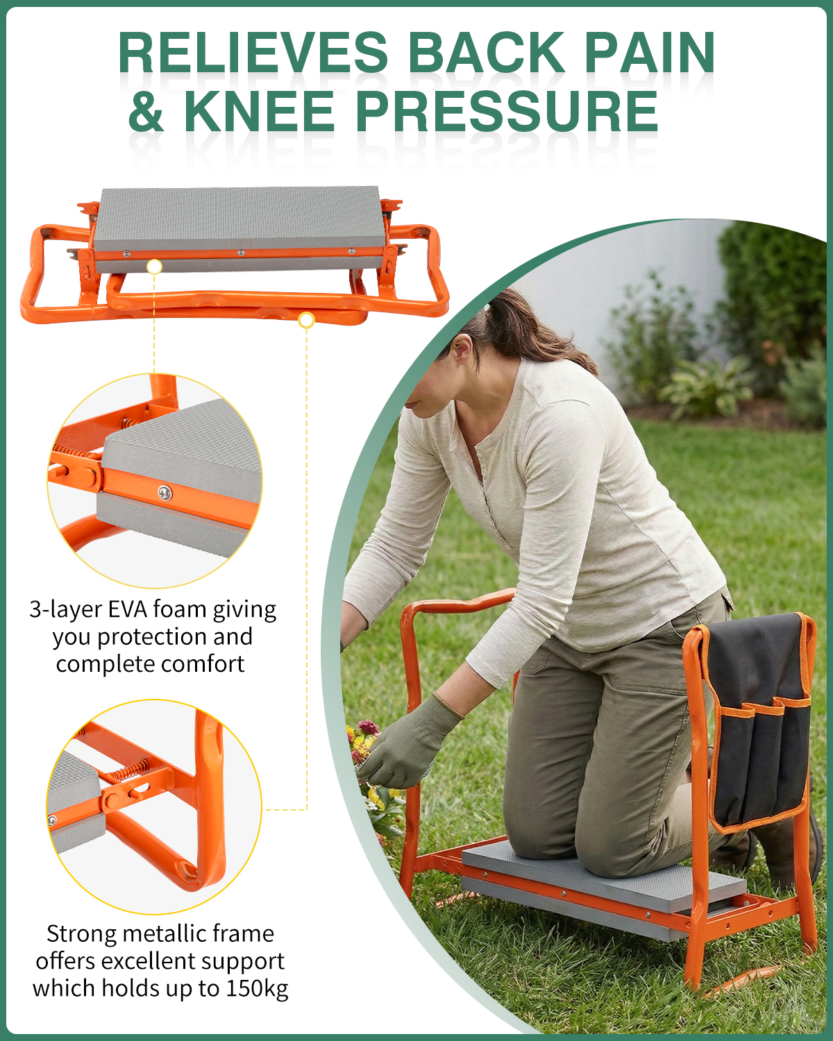 Garden Kneeler 3-in-1 Folding Kneeling Stool With Handles Tool Bag & Claw Gloves - Produktbild 3
