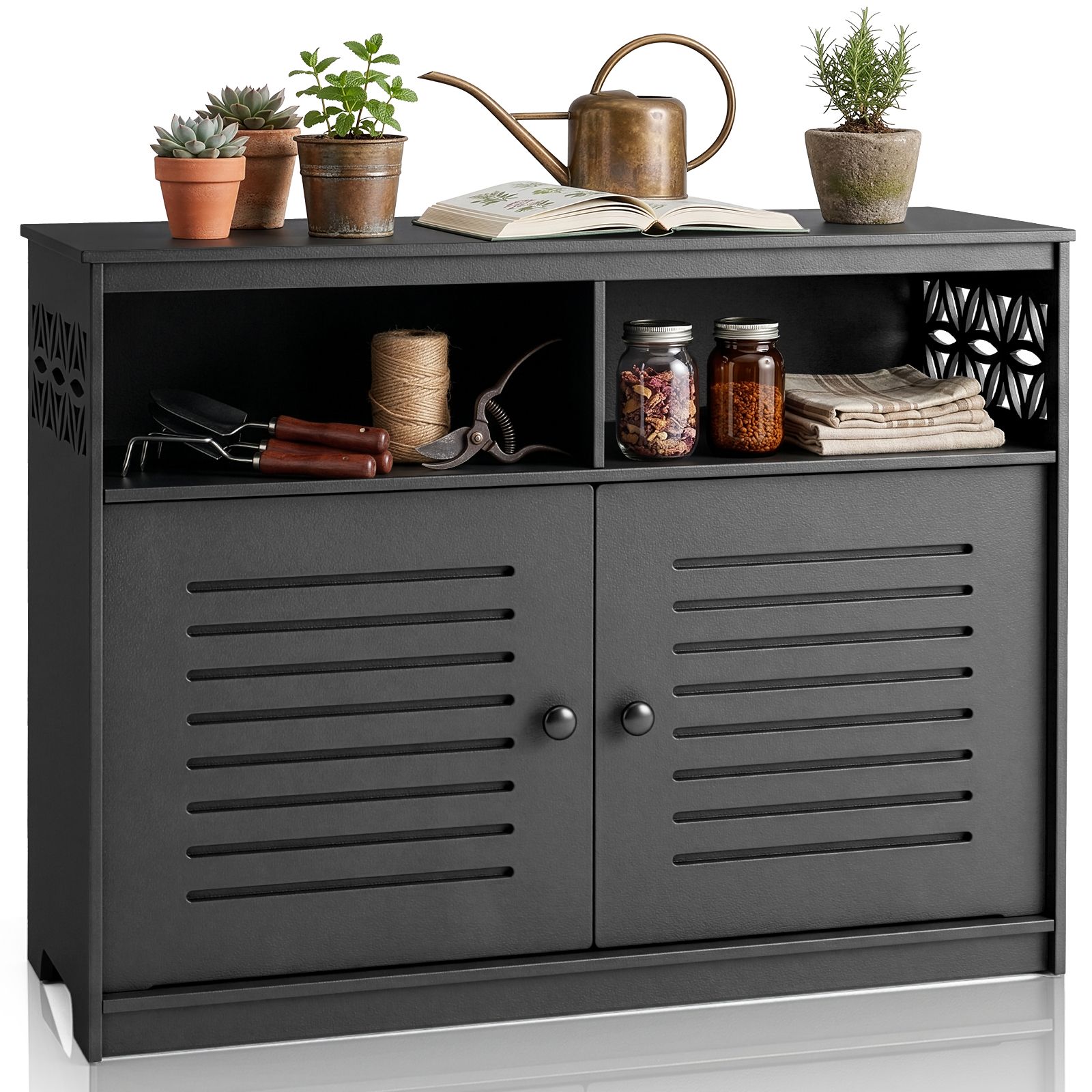 27-42in Plastic Storage Cabinet Workbench w/ Door for Indoor Outdoor, Garden