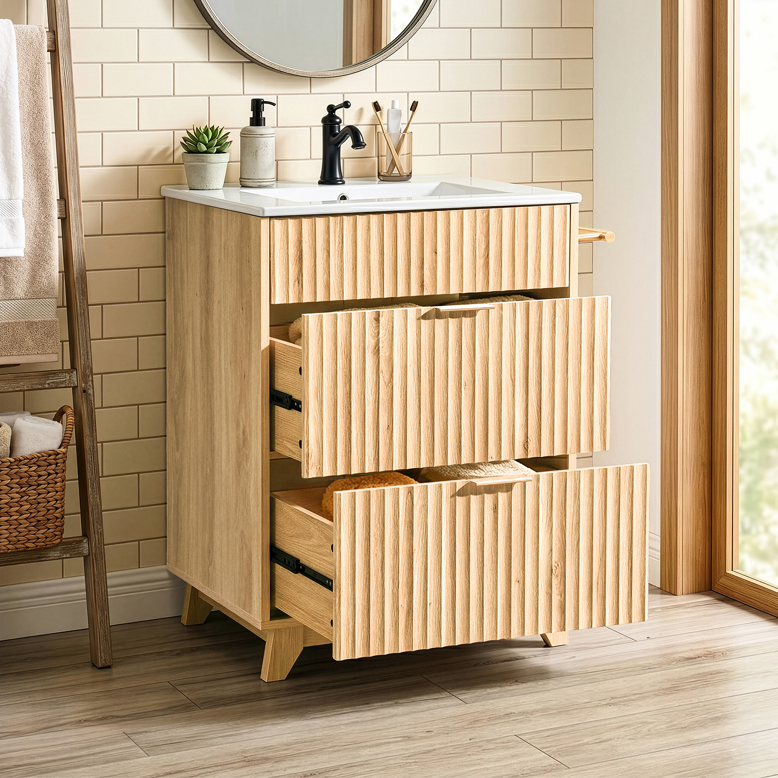 24″ Bathroom Vanity with Ceramic Sink Overflow Freestanding Cabinet Guest Baths