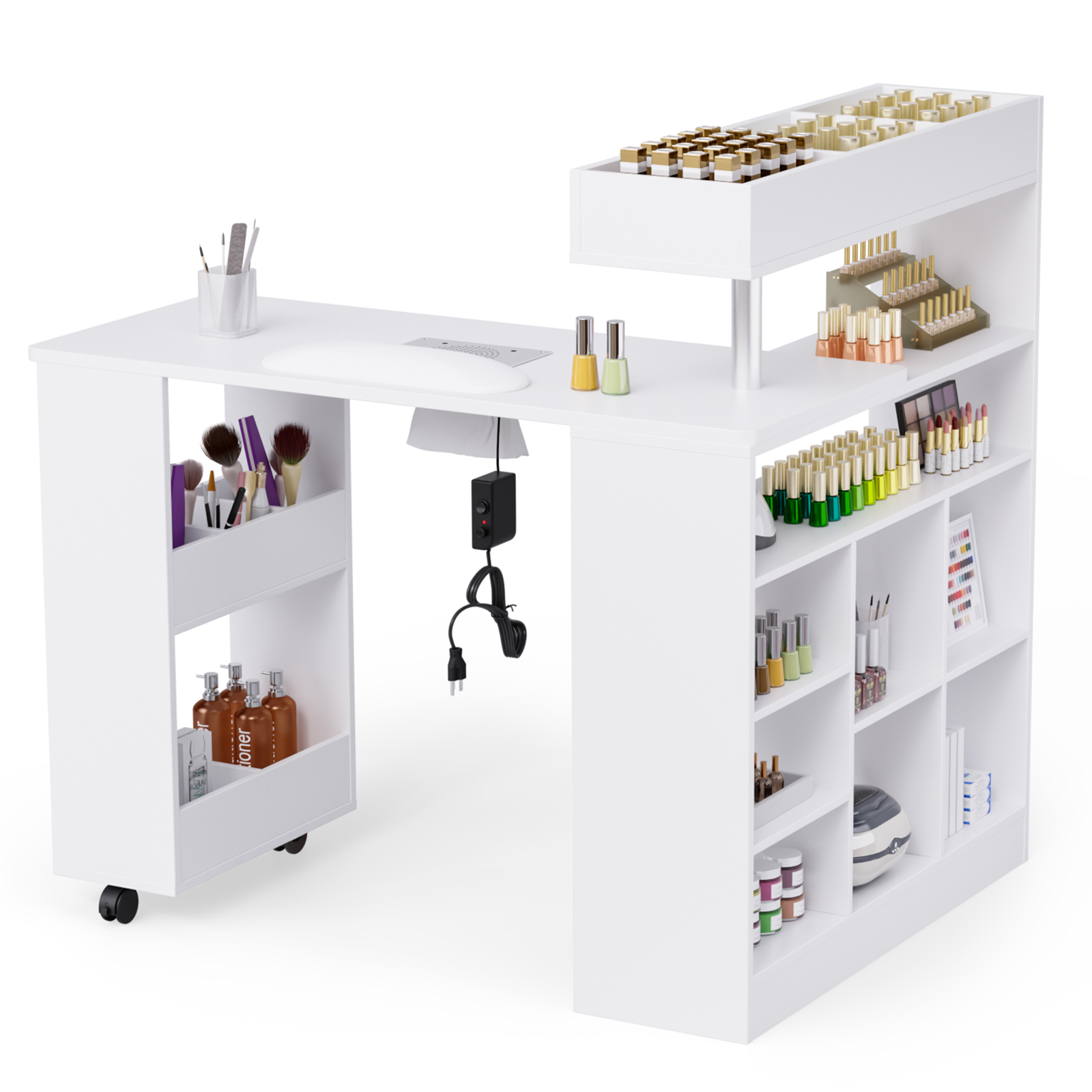 L Shaped Manicure Table with Wrist Rest & 180° Swivel Desktop and Dust Collector