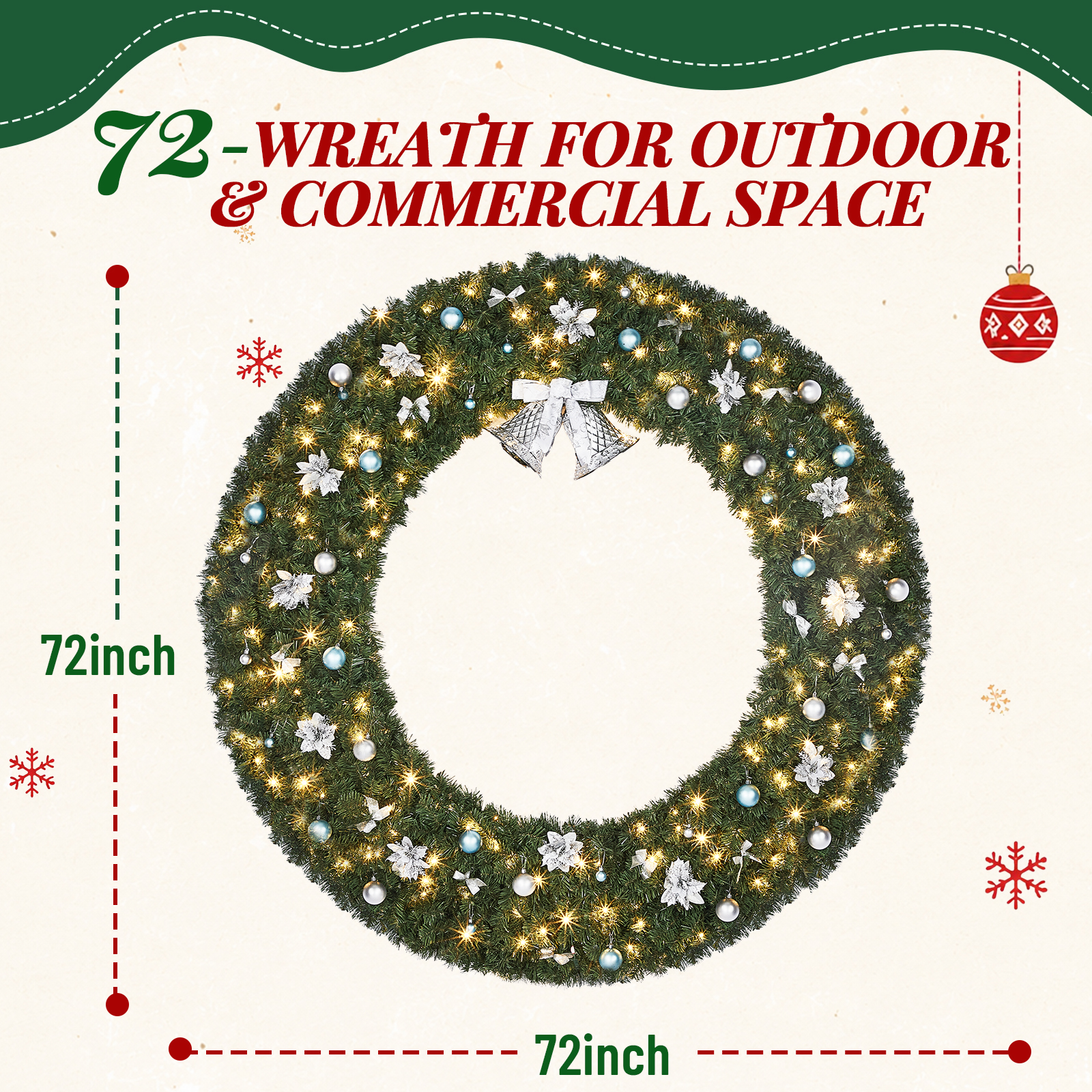24 / 72in Christmas Wreath with Lights for Holiday In/Outdoor Party Decoration