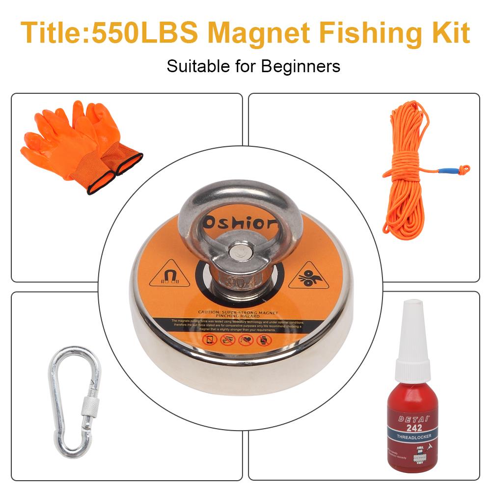 550/1100 LB Fishing Magnet Kit Strong Pull Force with Rope & Carabiner Gloves - Picture 14 of 17