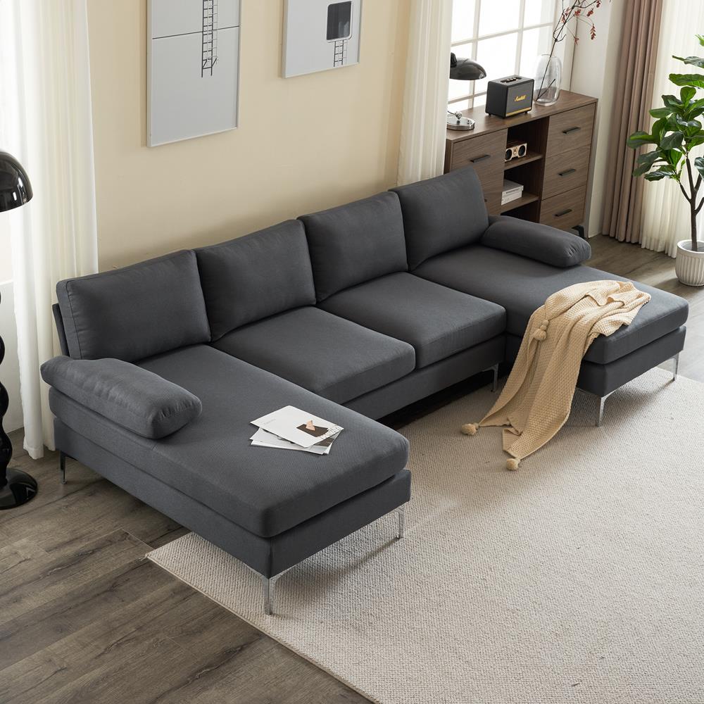 Modern 4 Seat Sectional Sofa U Shape Couch Set with 2 Chaise Metal Leg