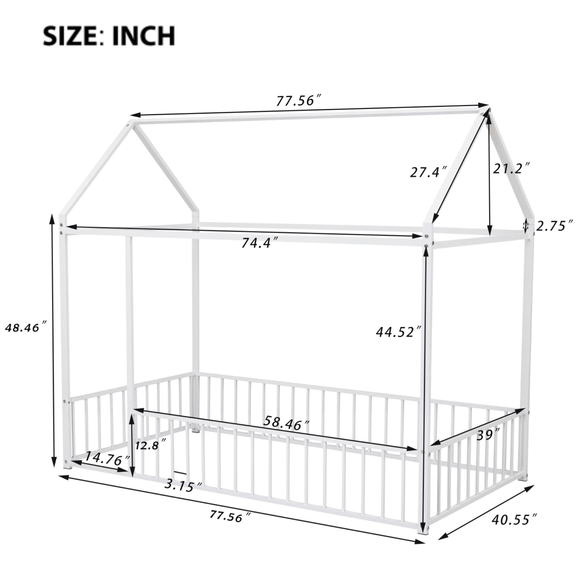 Twin Size Metal Bed House Bed Frame with Fence for Kids Teens