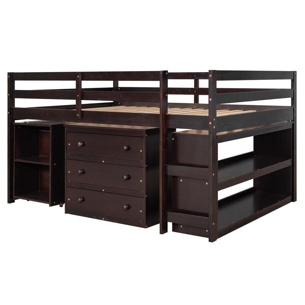 Multiple Functions Bed Low Study Full Loft Bed with Cabinet - 3 Colors Option