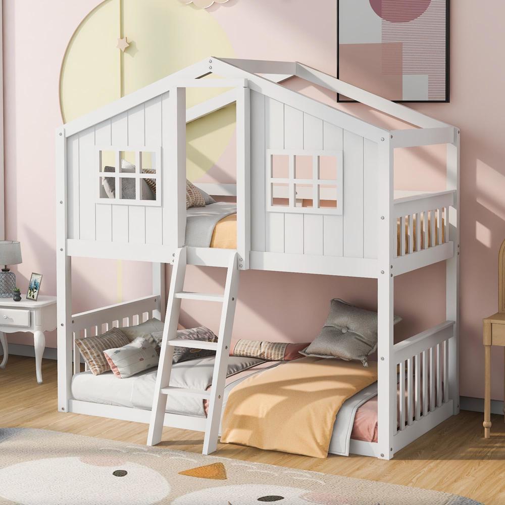 Chic Barnyard Style Twin Over Twin Wood House Bunk Bed with Ladder 4 Colors - Picture 12 of 12