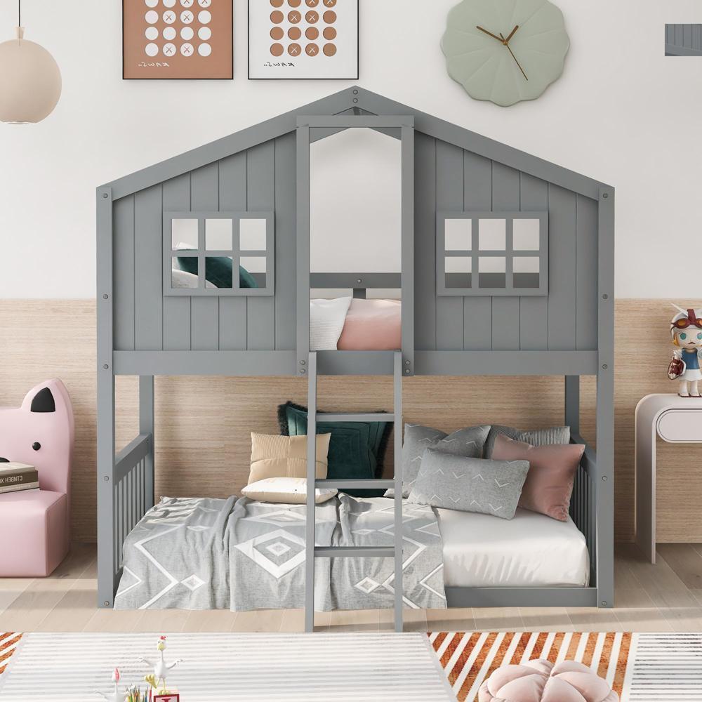 Chic Barnyard Style Twin Over Twin Wood House Bunk Bed with Ladder 4 Colors - Picture 11 of 12
