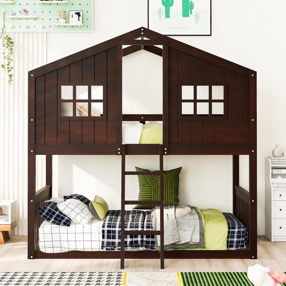 Chic Barnyard Style Twin Over Twin Wood House Bunk Bed with Ladder 4 Colors - Picture 10 of 12