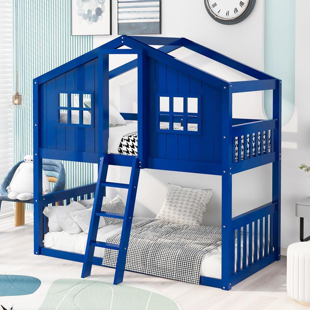Chic Barnyard Style Twin Over Twin Wood House Bunk Bed with Ladder 4 Colors - Picture 9 of 12