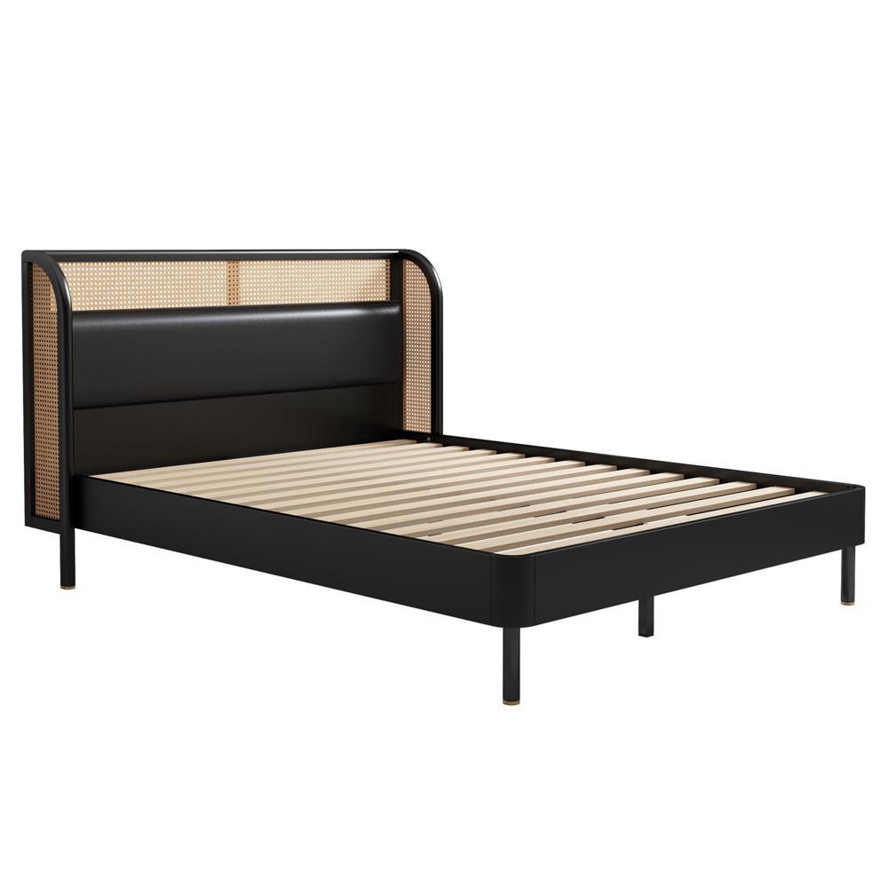 Modern Cannage Rattan Wood Platform Queen Bed Black/Walnut - Picture 16 of 16