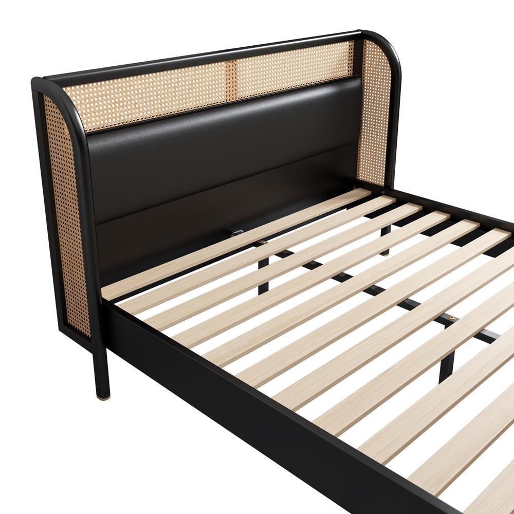 Modern Cannage Rattan Wood Platform Queen Bed Black/Walnut - Picture 15 of 16