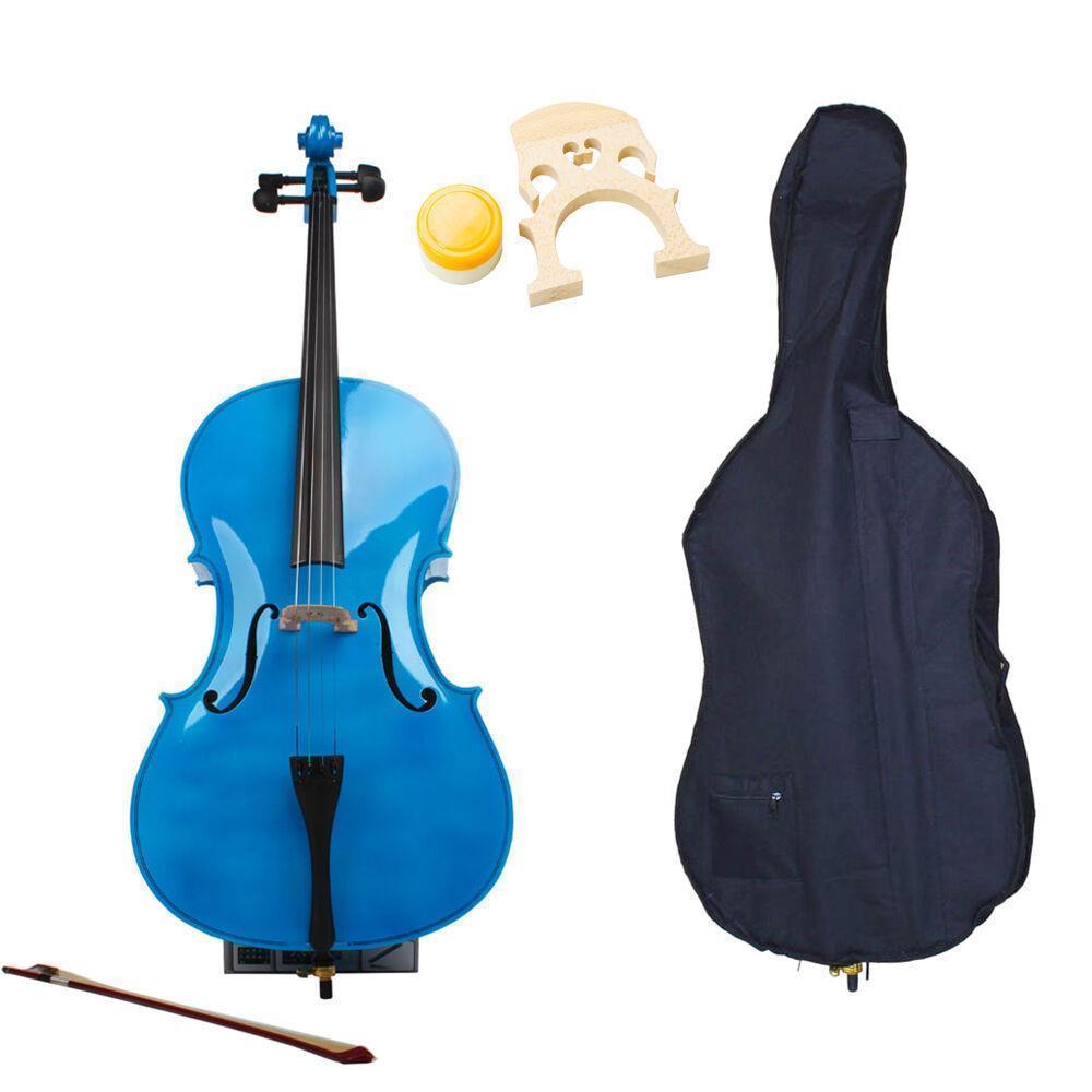 Color:Blue:1/2 3/4 4/4 Size Basswood Acoustic Cello +Bag+ Bow+ Rosin+ Bridge