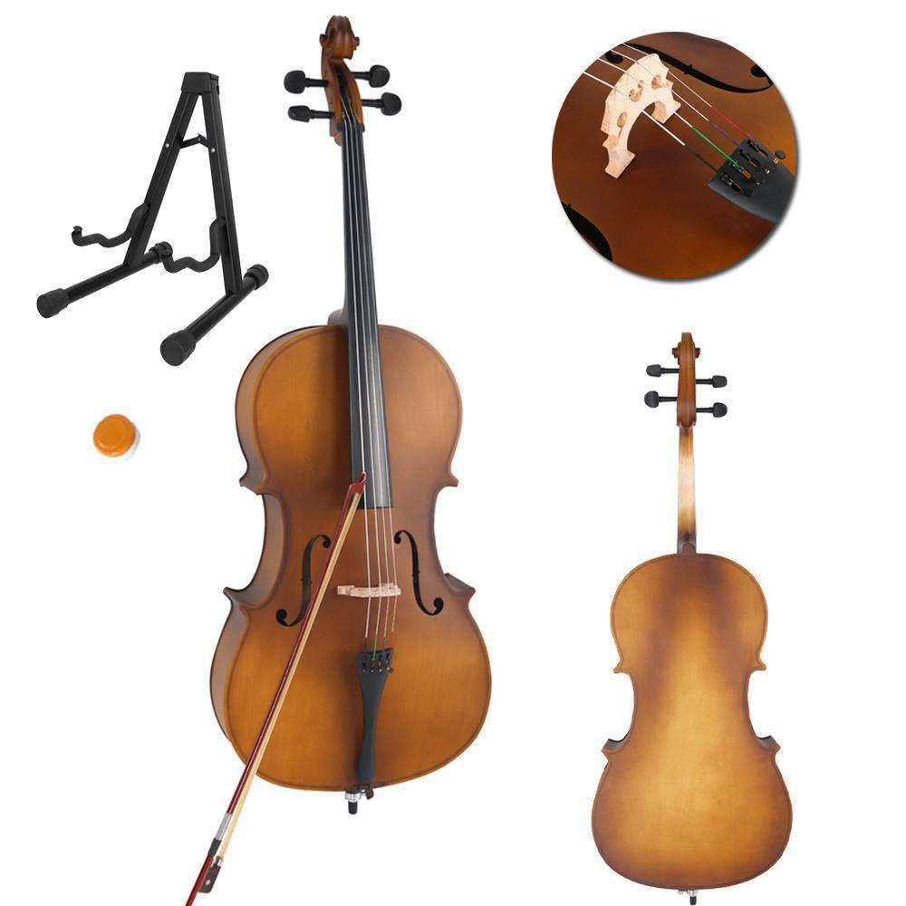 Color:Matte Golden+Cello stand:1/2 3/4 4/4 Size Basswood Acoustic Cello +Bag+ Bow+ Rosin+ Bridge