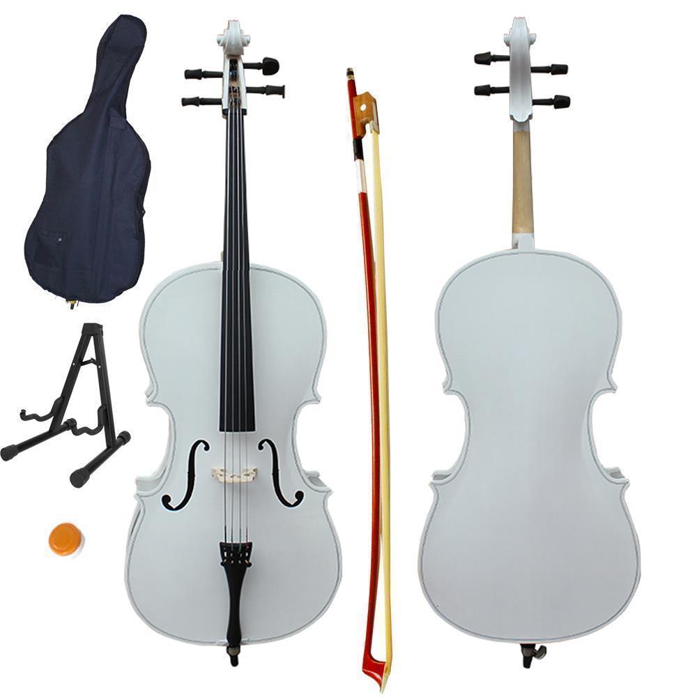 Color:White+Cello stand:1/2 3/4 4/4 Size Basswood Acoustic Cello +Bag+ Bow+ Rosin+ Bridge