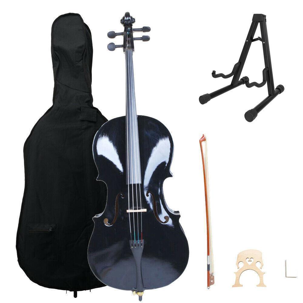 Color:Black+Cello stand:1/2 3/4 4/4 Size Basswood Acoustic Cello +Bag+ Bow+ Rosin+ Bridge