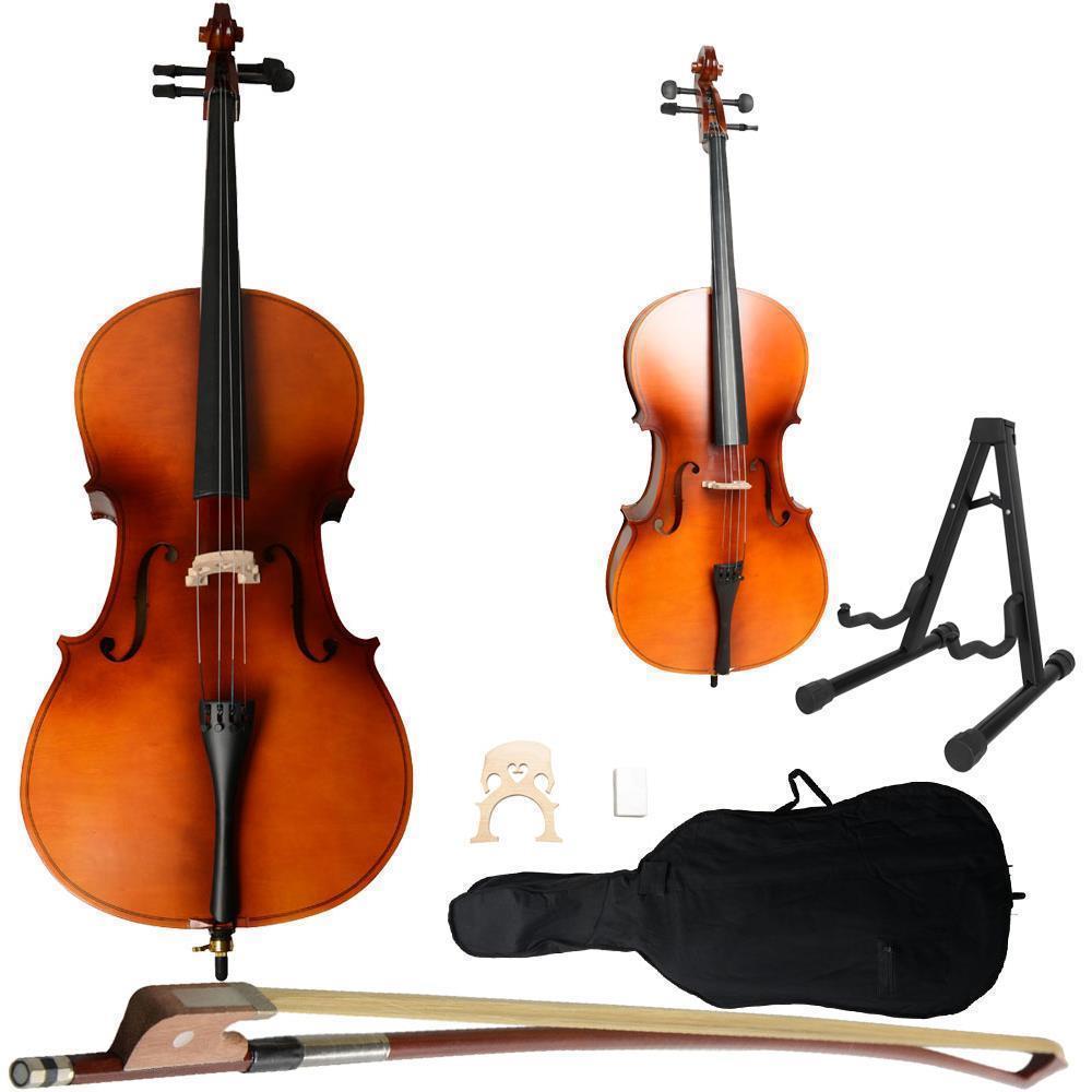 Color:Matte+Cello stand:1/2 3/4 4/4 Size Basswood Acoustic Cello +Bag+ Bow+ Rosin+ Bridge