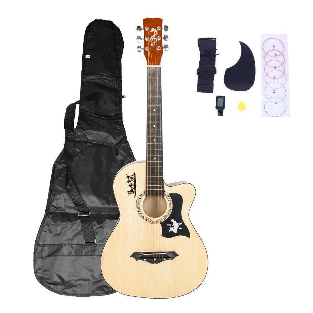 Color:Natural Wood:DK-38C Basswood Acoustic Guitar +Bag+String+Pick+Tuner Accessories