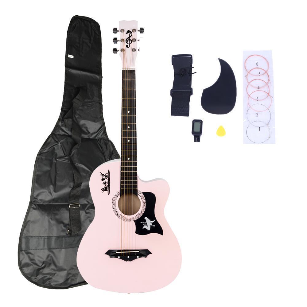 Color:Pink:DK-38C Basswood Acoustic Guitar +Bag+String+Pick+Tuner Accessories