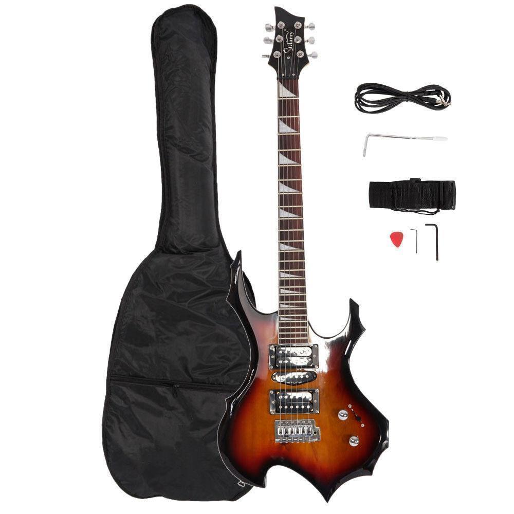 Color:Sunset:Burning Fire Style Beginner Electric Guitar w/Bag Pick Strap&Accessories