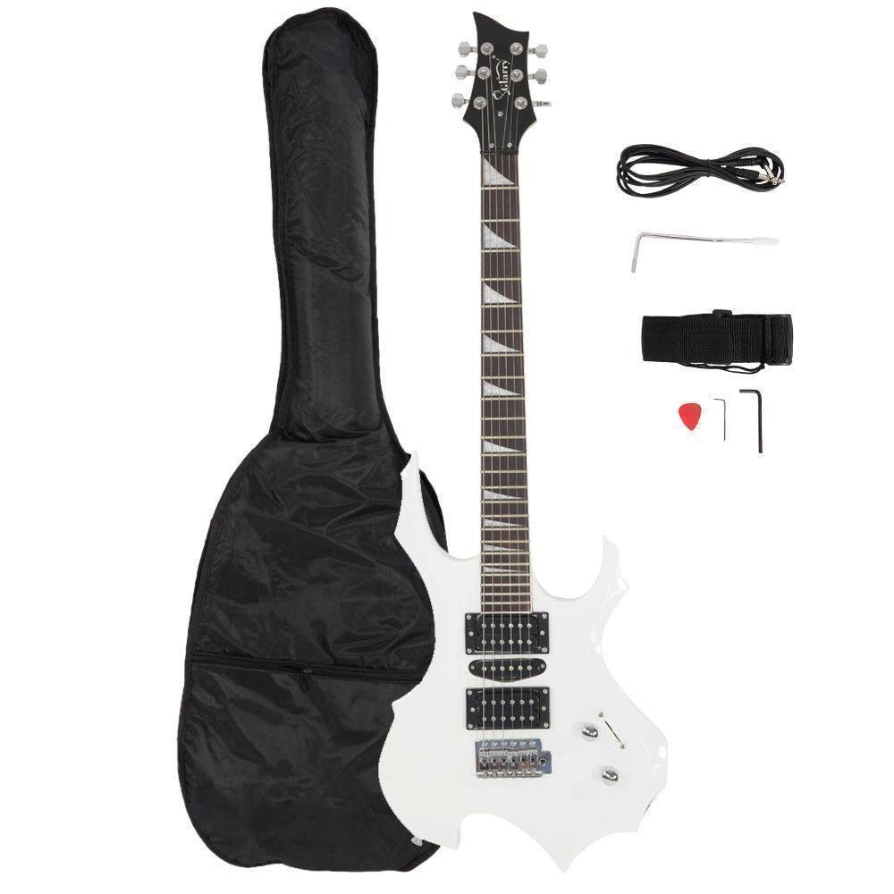 Color:White:Burning Fire Style Beginner Electric Guitar w/Bag Pick Strap&Accessories