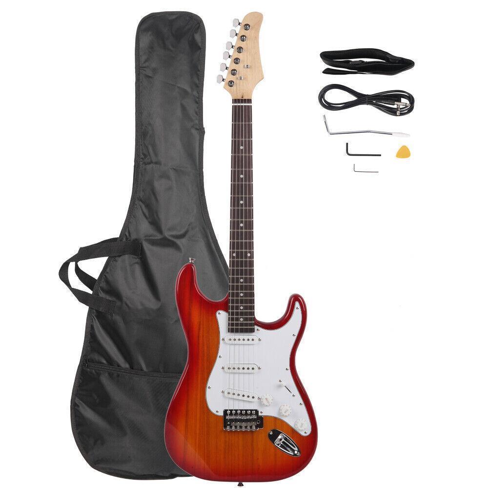 Color:Sunset Red:Full Size Basswood Electric Guitar+Strap+Cord+Gigbag Beginner  Christmas Gift
