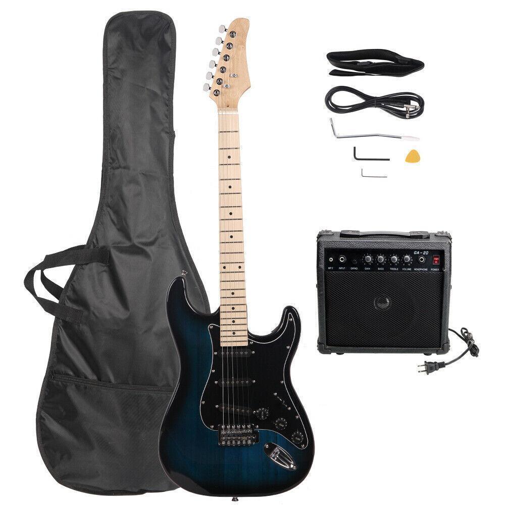 Color:Dark Blue:Full Size Electric Guitar + 20 Watt Amp + Gig Bag Case + Guitar Strap Beginners