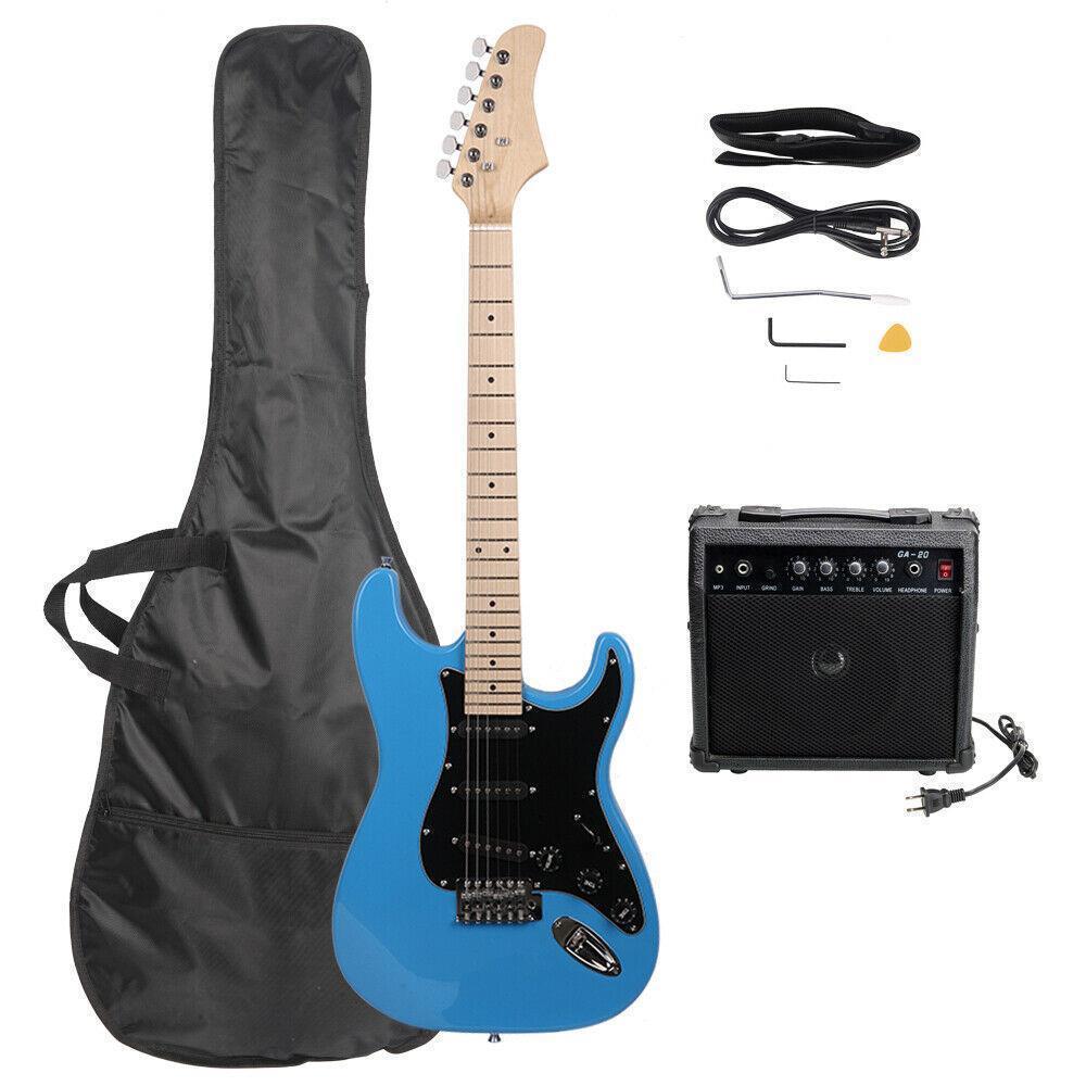 Color:Sky Blue:Full Size Electric Guitar + 20 Watt Amp + Gig Bag Case + Guitar Strap Beginners