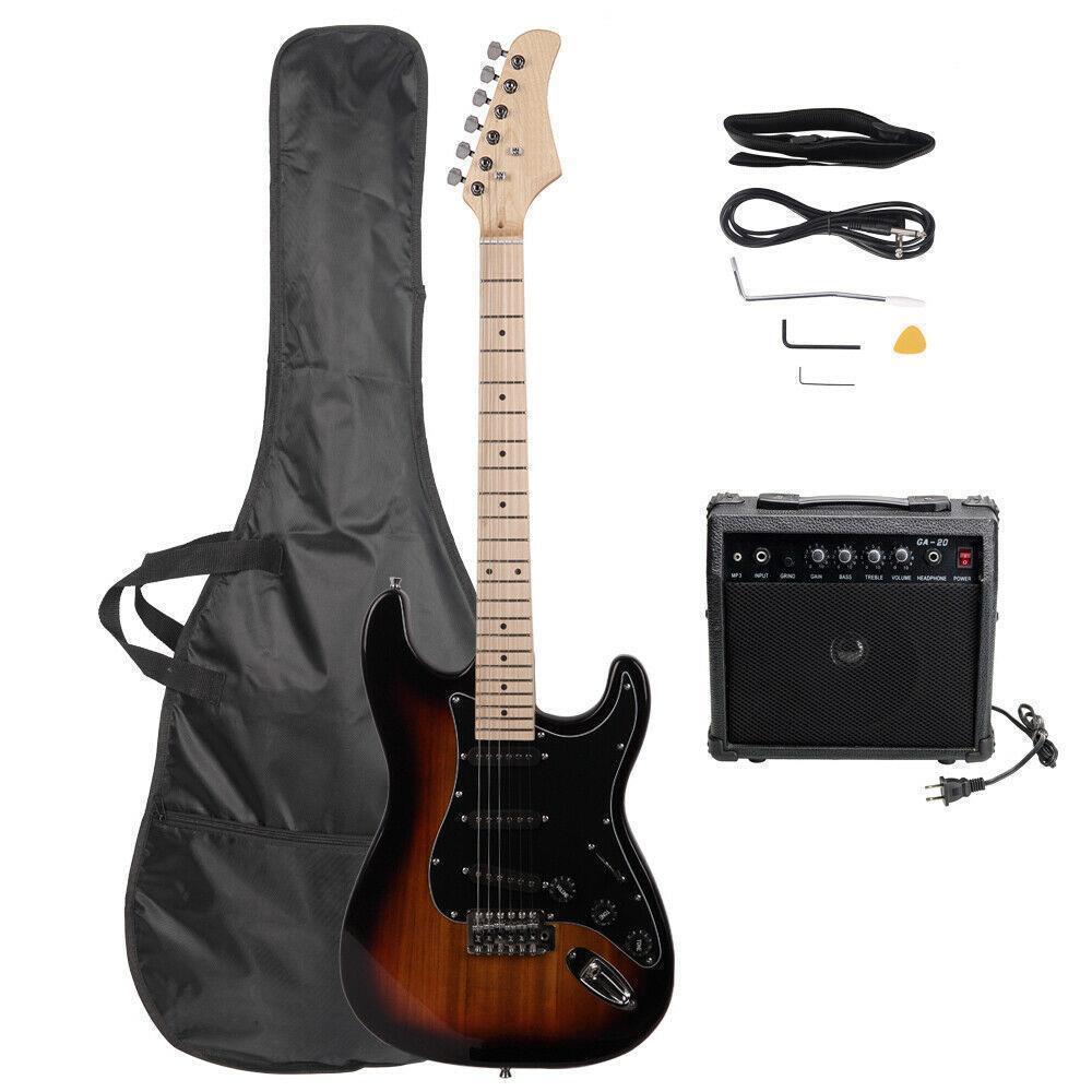 Color:Sunset:Full Size Electric Guitar + 20 Watt Amp + Gig Bag Case + Guitar Strap Beginners