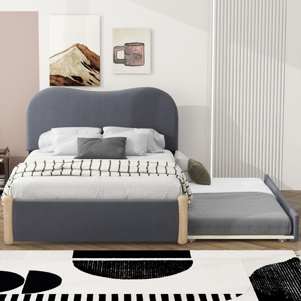 Full Size Upholstered Platform Bed with Wood Supporting Feet&Twin Size Trundle
