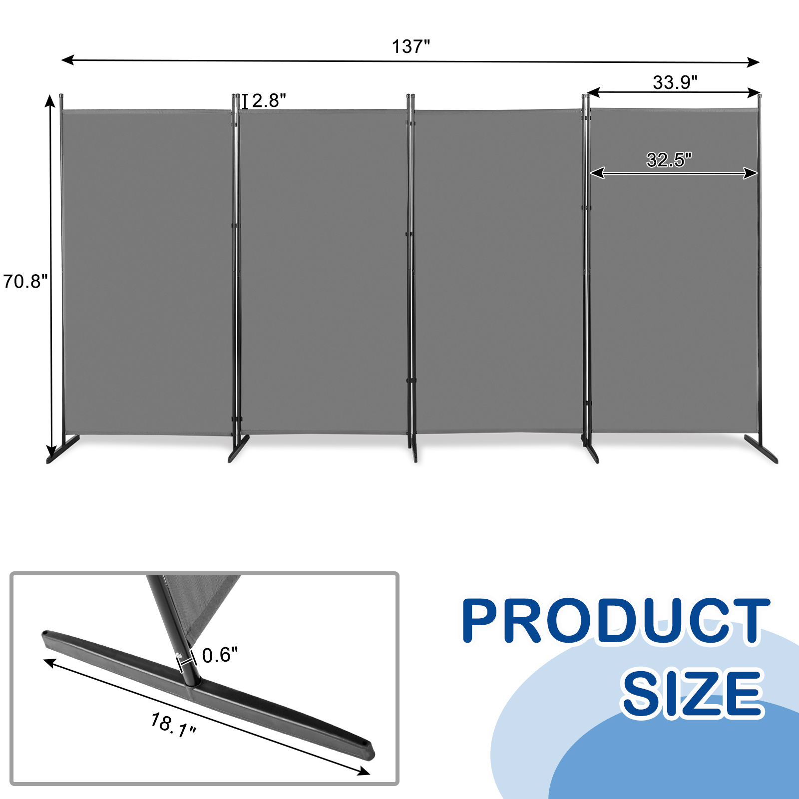 6FT Tall Room Divider Folding Privacy Scree 4 Panel Partition Office Home School