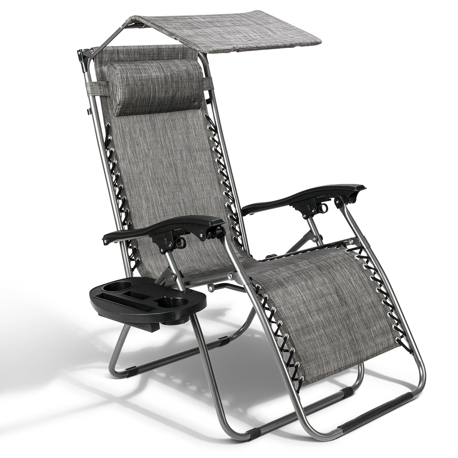 Heavy Duty Zero Gravity Folding Lounge Beach Chair With Canopy + Cup Holder Gray - Picture 10 of 12