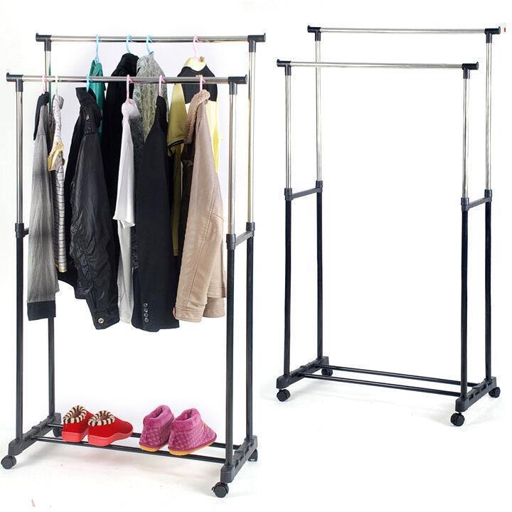 Single/Double Adjustable Portable Clothes Hanger Rolling Garment Rack Duty Rail - Picture 10 of 13