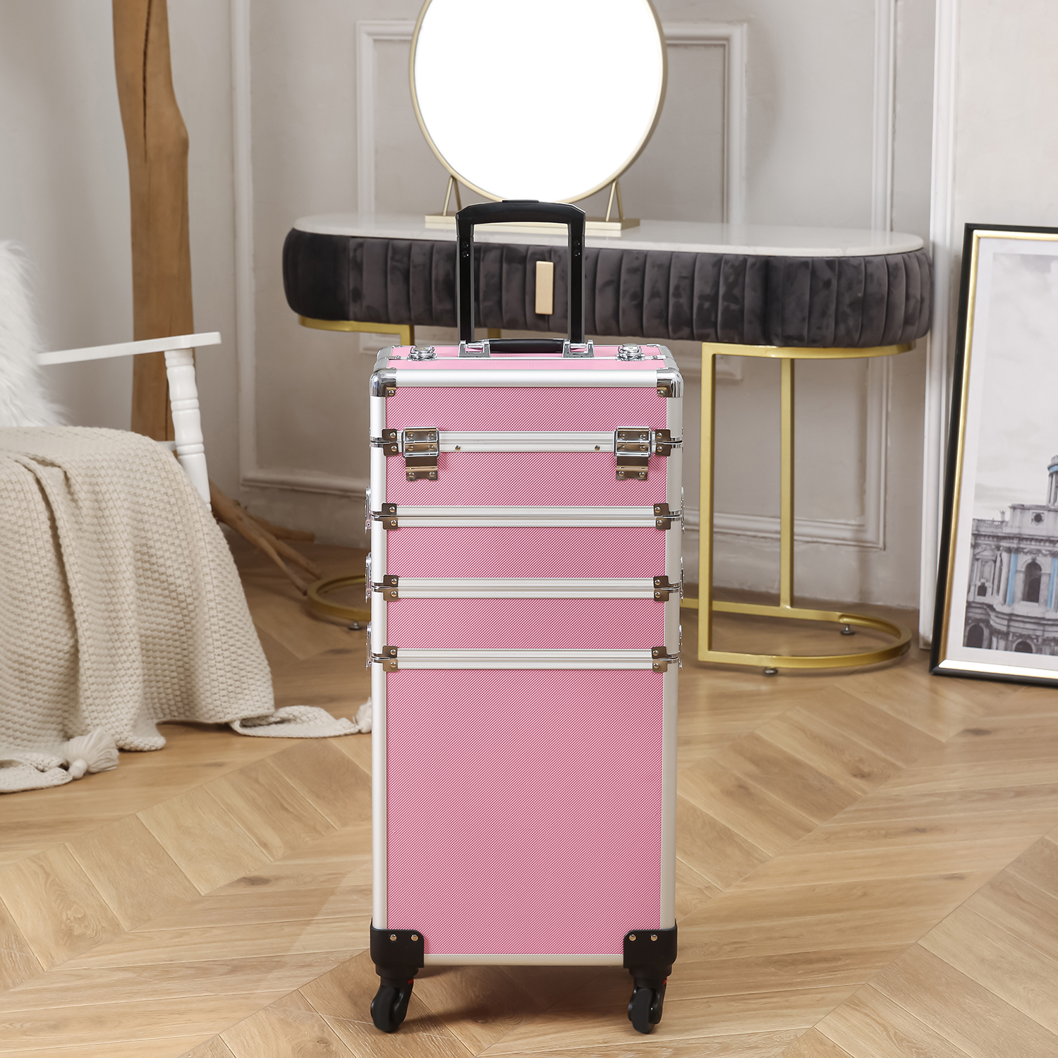 4 in 1 Rolling Aluminum Makeup Case Cosmetic Train Box Wheeled Storage Lockable - Picture 27 of 28