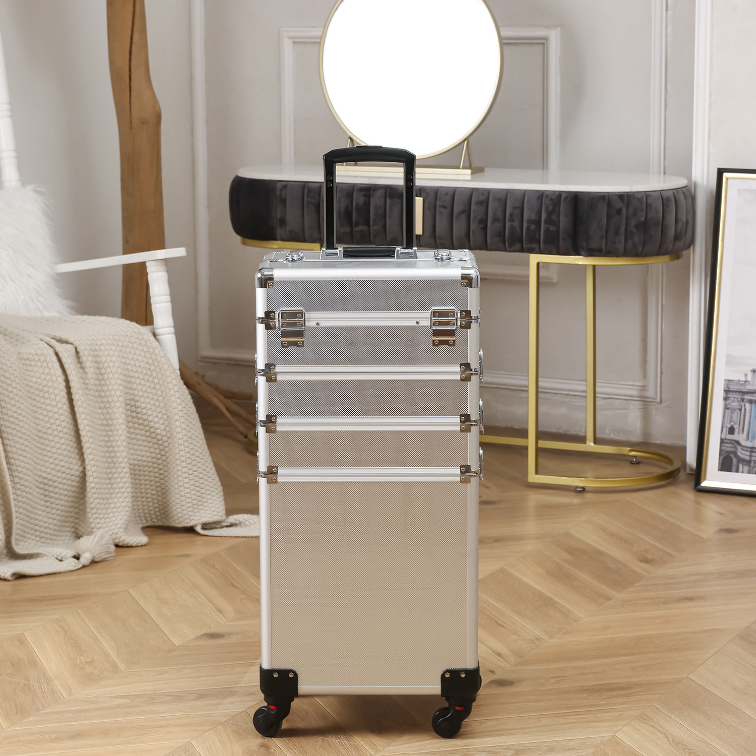4 in 1 Rolling Aluminum Makeup Case Cosmetic Train Box Wheeled Storage Lockable - Picture 26 of 28