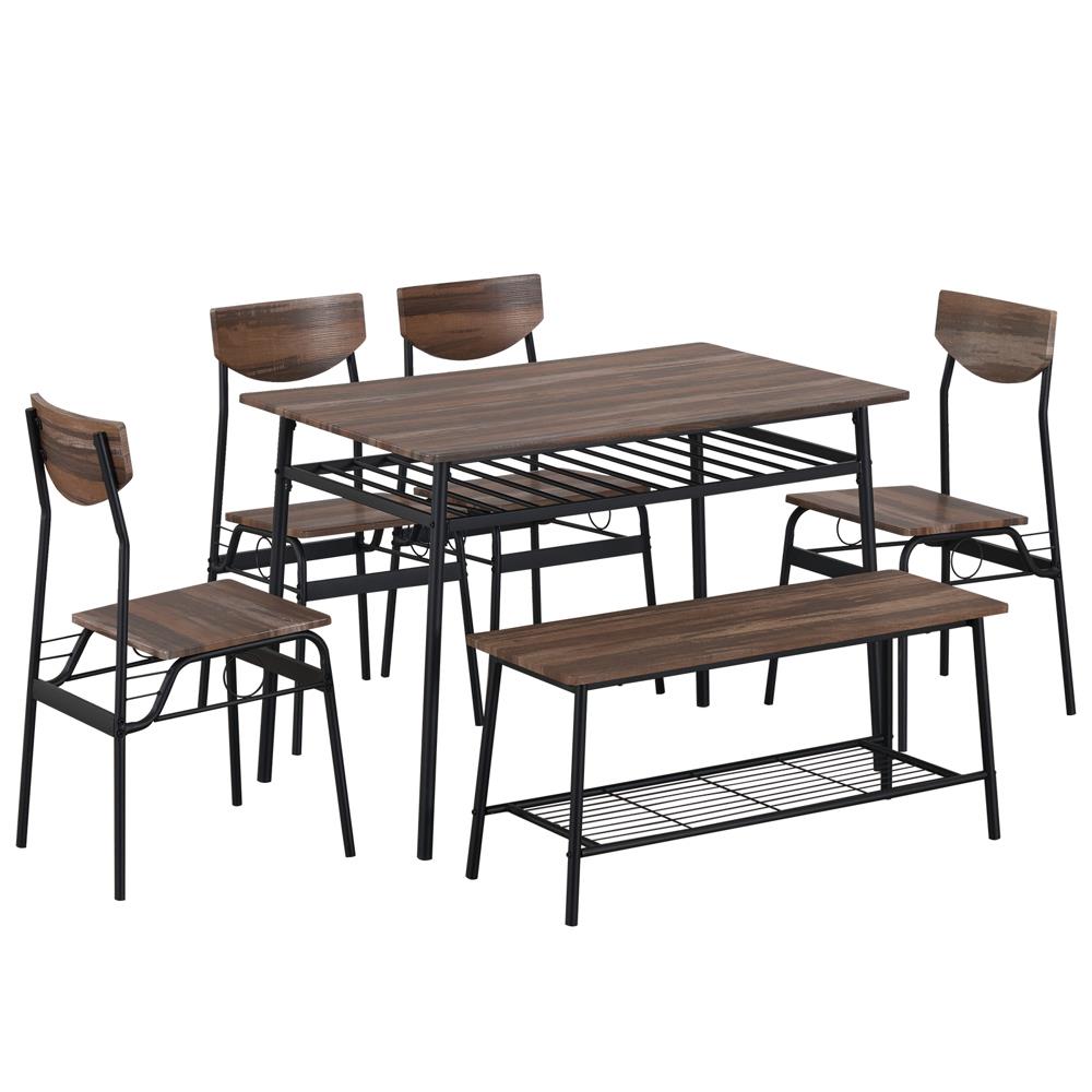 6 Piece Dining Room Table Set For 6 Kitchen Tables 4 Chairs 1 Bench Storage Rack - Picture 14 of 19
