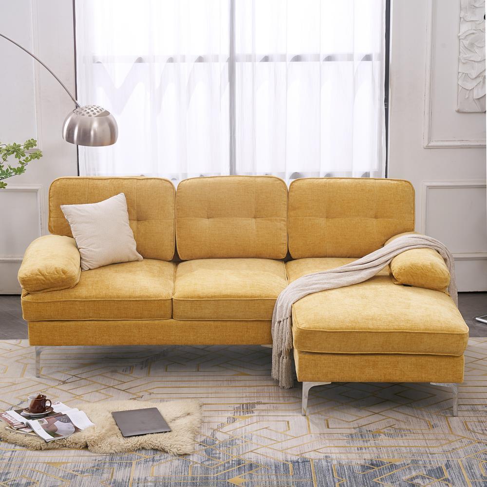 Sofa Set L Shape Sectional with Large Chaise and Gold Plated Legs Couch - Picture 25 of 31