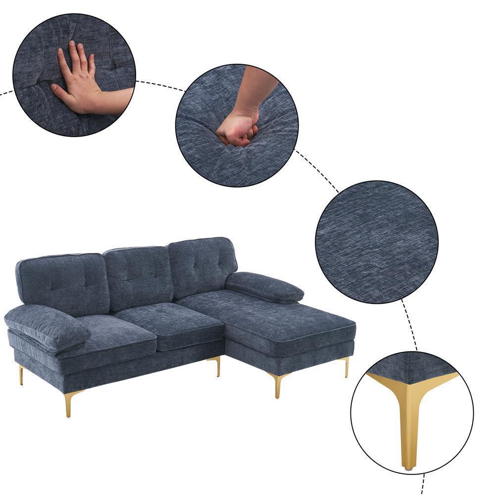 Sofa Set L Shape Sectional with Large Chaise and Gold Plated Legs Couch - Picture 14 of 31