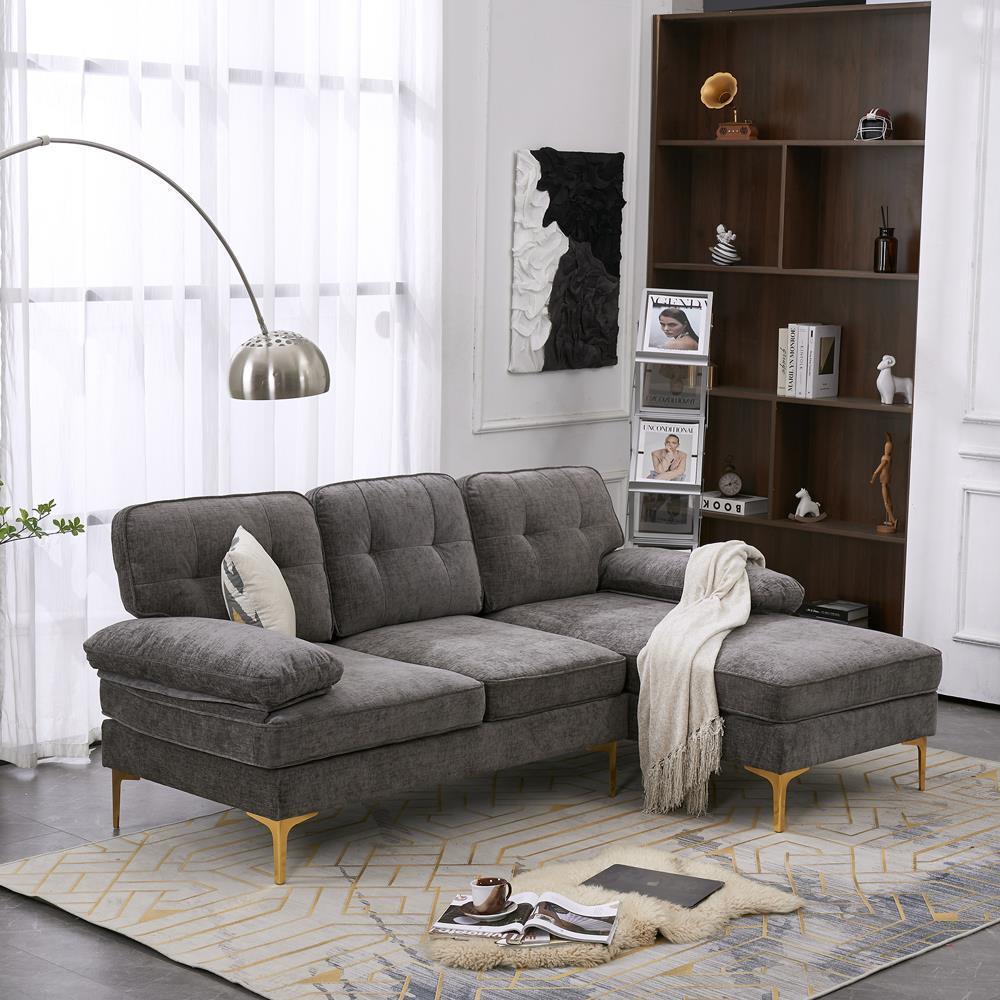 Sofa Set L Shape Sectional with Large Chaise and Gold Plated Legs Couch - Picture 12 of 31