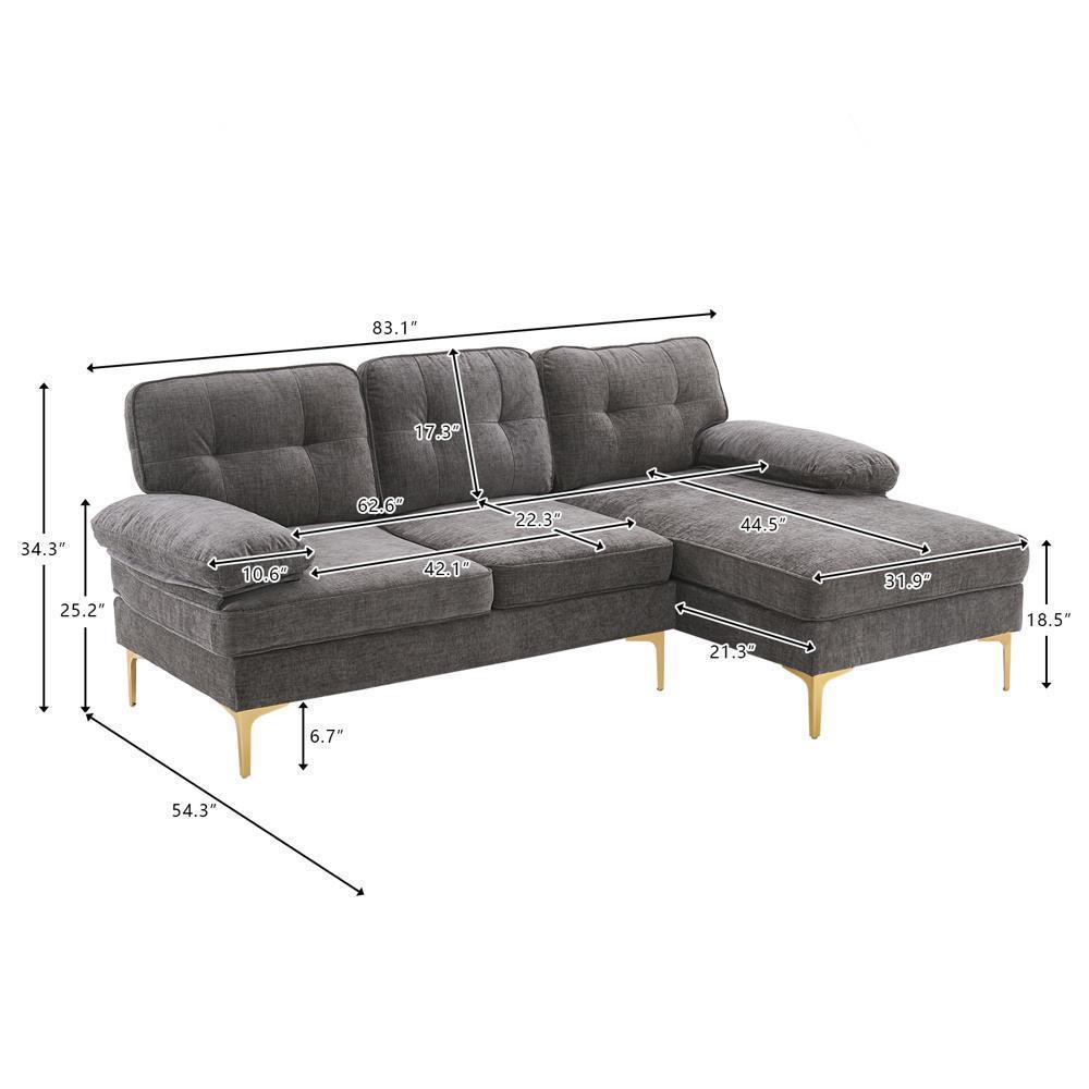 Sofa Set L Shape Sectional with Large Chaise and Gold Plated Legs Couch - Picture 11 of 31